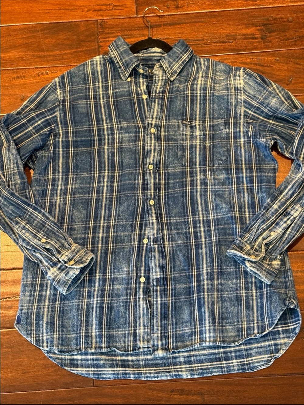 Rare Polo Ralph Lauren Indigo Blue Plaid Flannel Button-Down Shirt L